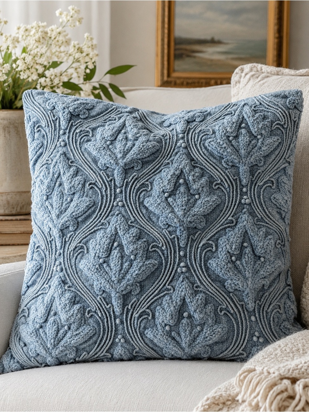 Moss & Willow 18x18 Dusty Blue 3D Floral Textured Pillow Cover